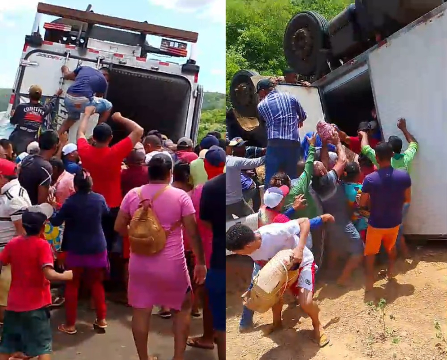 Caminhão carregado de carne é saqueado após tombar na rodovia PI-245. Foto: Reprodução
