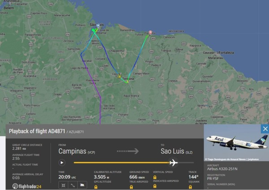 Trajeto do voo da Azul que declarou emergência por pouco combustível. | Foto: FlightRadar24