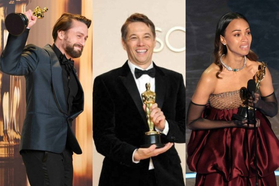 Kieran Culkin, de 'A verdadeira dor', 'Anora' e Zoe Saldana, de 'Emilia Pérez', foram alguns dos premiados do Oscar neste domingo (02). | Crédito: Getty Images via AFP