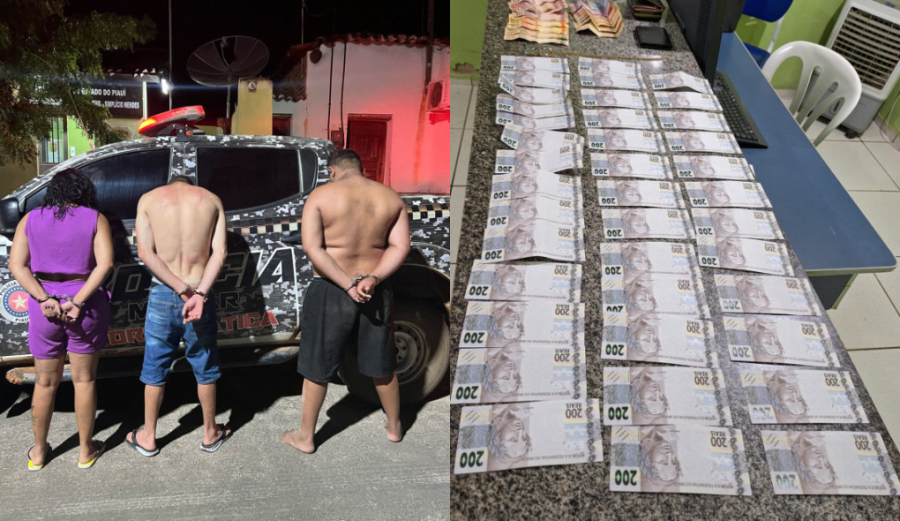 Trio é preso por aplicar golpes em comerciantes com dinheiro falso em Simplício Mendes. | Fotos: Reprodução/PM-PI